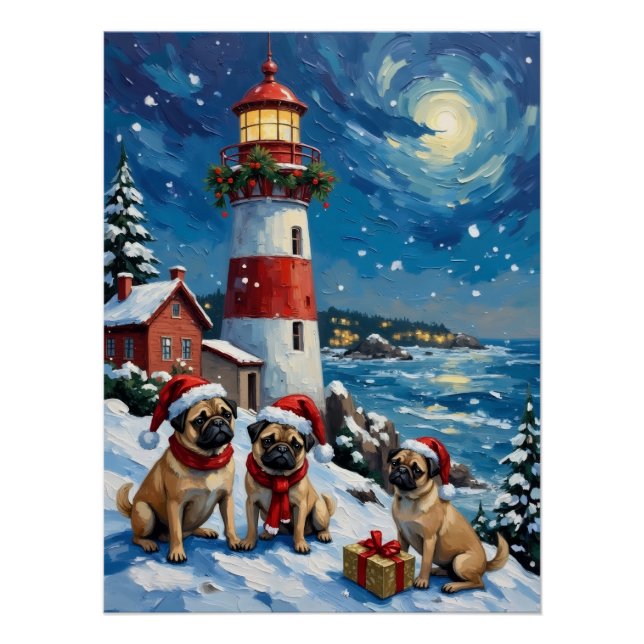 Póster Pug Christmas Lighthouse Holiday (Anverso)