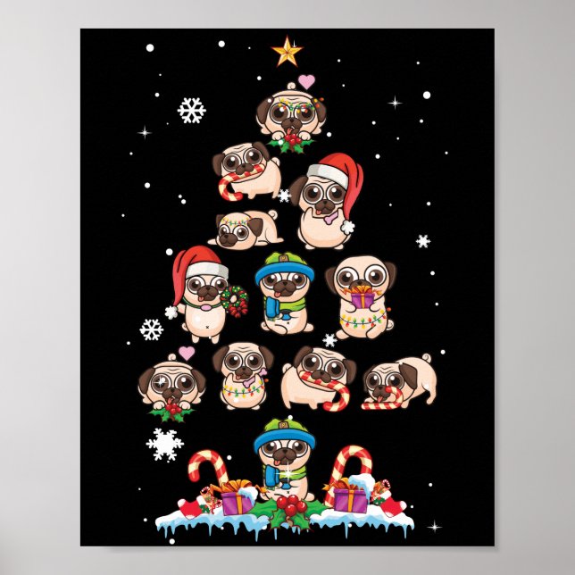 Póster Pug Christmas Tree Dog Santa Merry Pugmas Xmas (Frente)