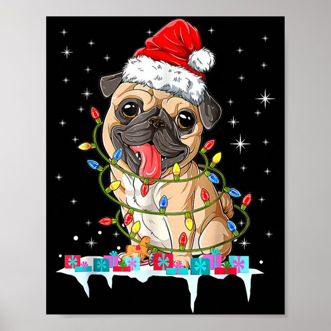 Póster Pug Christmas Tree Lights Santa Dog Xmas  (Frente)