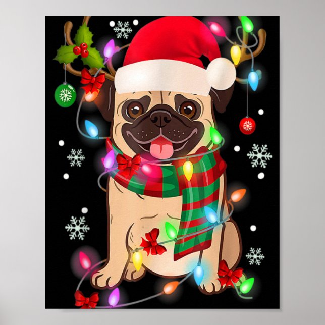 Póster Pug Christmas Tree Lights Santa Dog Xmas Boys Pugm (Frente)