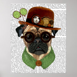 Póster Pug con el Gorra de la bolera Steampunk