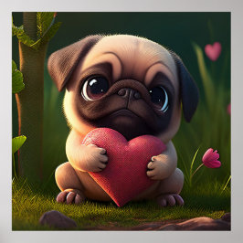 Póster Pug Cute con corazón