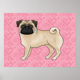 Póster Pug de color cervato dibujo animado corazones de a