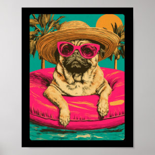 Póster Pug de verano con gafas de sol Perro lindo Piscina
