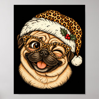 Póster Pug divertido de Navidad con sombrero de Santa leo
