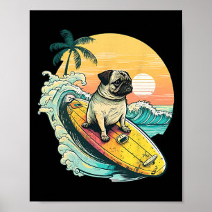 Póster Pug Divertido Surfando en la Playa Amante de las M