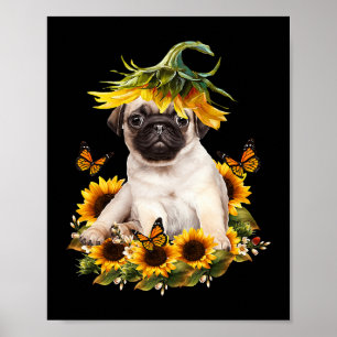 Póster Pug Dog Sunflower Mariposa Cute Perro Lover Regalo