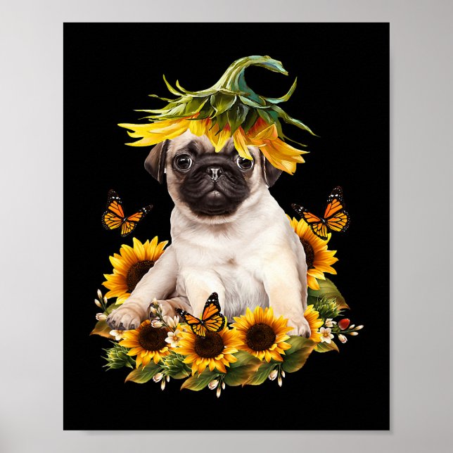 Póster Pug Dog Sunflower Mariposa Cute Perro Lover Regalo (Frente)