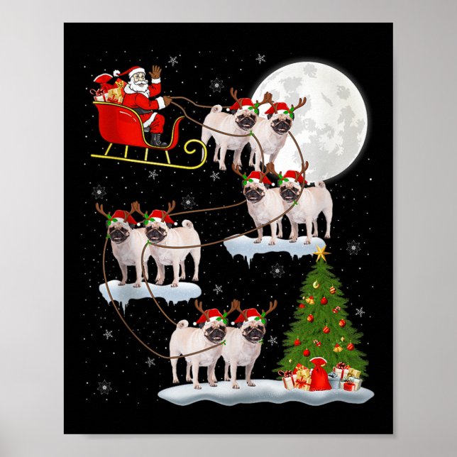 Póster Pug Dogs Santa Sleigh Flying Funny Magical Christm (Frente)