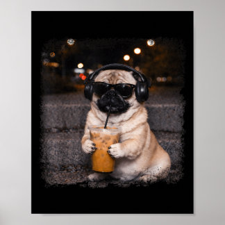 Póster Pug drinking iced coffee lover humor funny dog mem