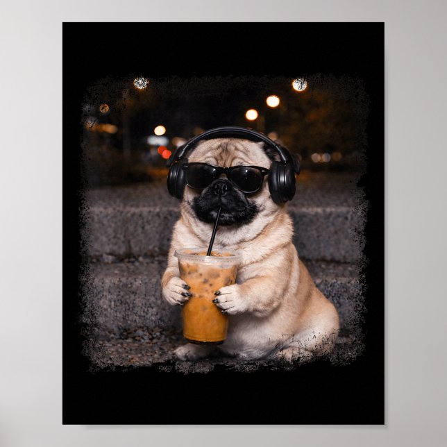 Póster Pug drinking iced coffee lover humor funny dog mem (Frente)