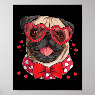 Póster Pug Face Heart Gles Día de San Valentín Dog Lover