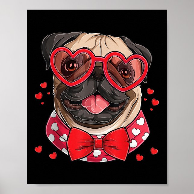 Póster Pug Face Heart Gles Día de San Valentín Dog Lover  (Frente)