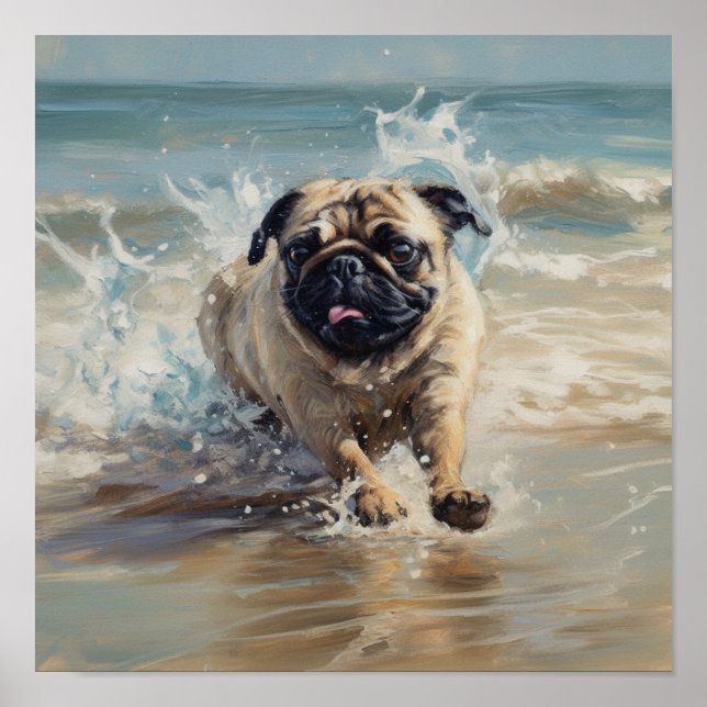 Póster Pug Feliz en la Playa (Frente)