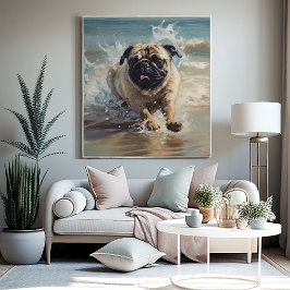 Póster Pug feliz en la playa