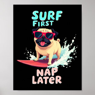 Póster Pug genial surfando perro 