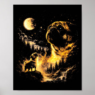 Póster Pug howling to the moon vintage 90s funny dog