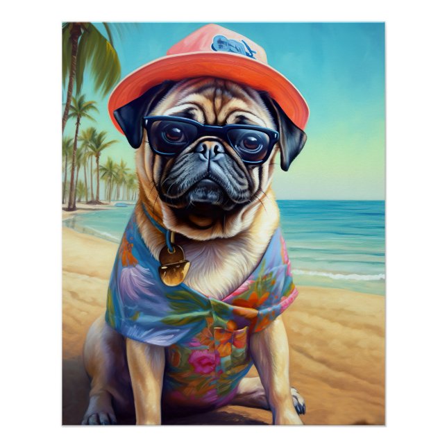 Póster Pug on Beach, regalo de verano para el amante del  (Anverso)