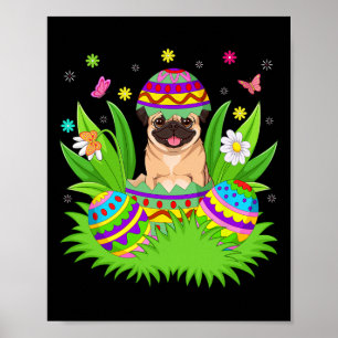 Póster Pug Perros Feliz Pascua Conejo Caza de Huevos Pug