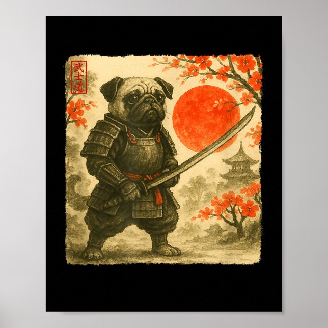 Póster Pug Samurai Japanese Warrior Costume Sumi-e Art Fu (Frente)