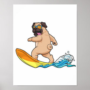 Póster Pug Surfing Surfing Surfboard Pug con lentes