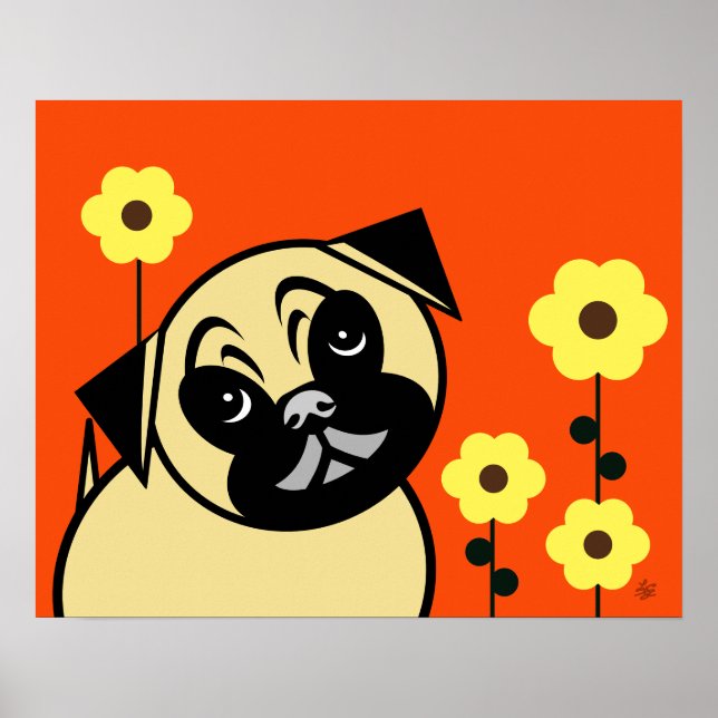 Póster Pug Y Flor Amarilla En Poster De Fondo Naranja (Frente)