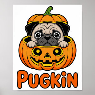 Póster Pugkin de Halloween, perro Pug de calabaza