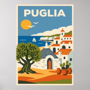 Póster Puglia Italia Olivo Trullo Viajes Folk Retro