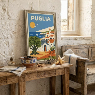 Póster Puglia Italia Retro Folk Olivo Trullo Viajes