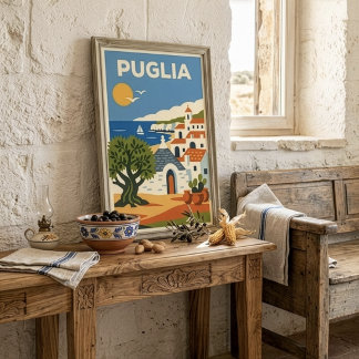 Póster Puglia Italia Retro Folk Olivo Trullo Viajes