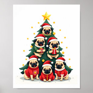 Póster Pugs de perro árbol de Navidad Xmas lindo (4)