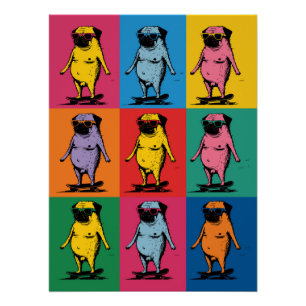 Póster Pugs Divertidos en Monopatines Cuadrícula de Arte