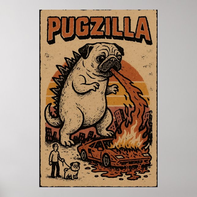 Póster Pugzilla Poster – Cute Pug Monster Illustration (Frente)