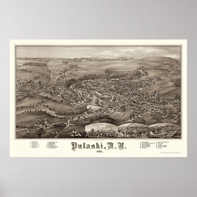 Póster Pulaski, Mapa Panorámico NY - 1885 (Frente)