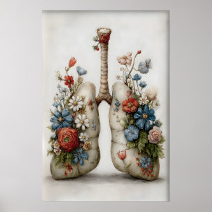 Póster Pulmones Humanos Caprichosos Estampado de Flores, 