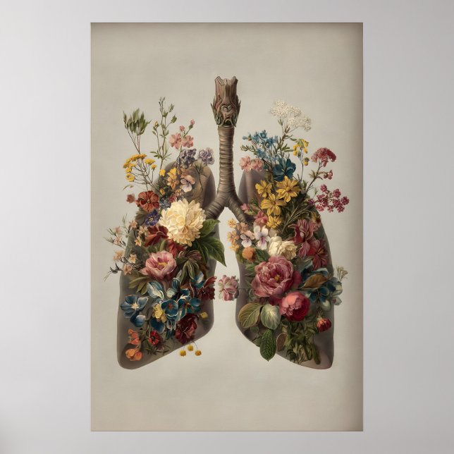 Póster Pulmones Humanos Con Estampado De Flores, Anatomía (Frente)
