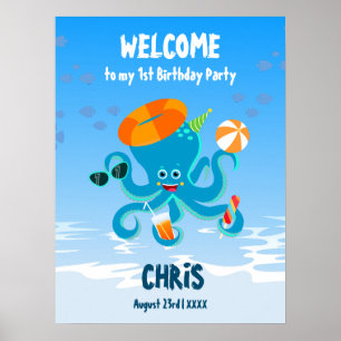 Póster Pulpito Azul Bajo el Mar Cumpleaños de Niño Fiesta