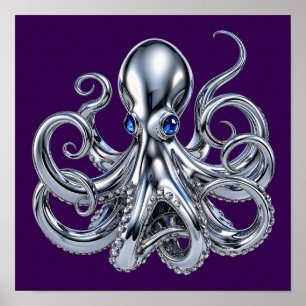 Póster Pulpo de cromo gótico con ojos de zafiro Fantasía