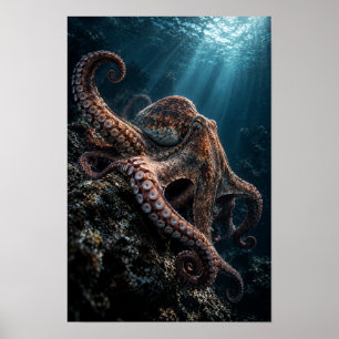 Póster Pulpo en Arrecife Rocoso en Profundo Océano Azul M