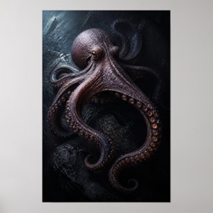 Póster Pulpo Entre Roca Oscura Del Océano Fauna Marina