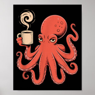 Póster Pulpo Kraken bebiendo café en la mañana Hombres