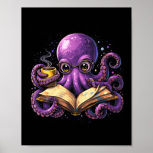 Póster Pulpo leyendo libro amante del café libresco cafeí