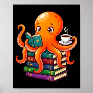 Póster Pulpo libro leyendo amante del café océano diverti