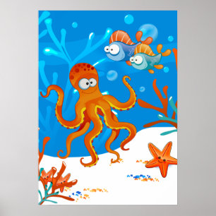 Póster Pulpo lindo y estrella de mar Acuático Oceánico Ha