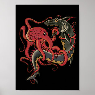 Póster pulpo luchando contra un tiburón