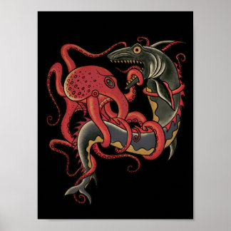 Póster pulpo luchando contra un tiburón