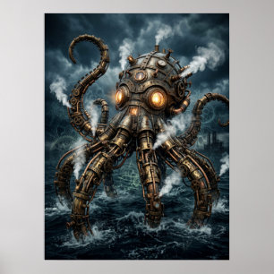 Póster Pulpo Mecánico Steampunk Elevándose Desde el Océan