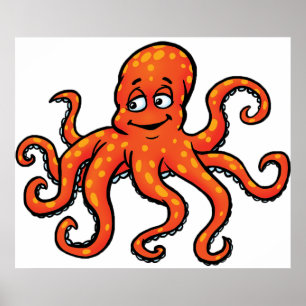 Póster Pulpo Naranja Dibujos Animados Océano Criatura Mar