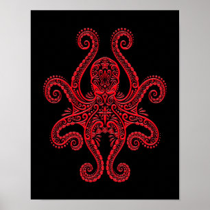 Póster Pulpo rojo complejo en negro