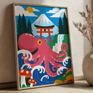 Póster Pulpo rosa con Monte Fuji y puerta Torii japonesa 